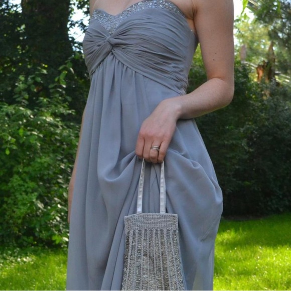 David’s Bridal Gray Empire Strapless Beaded Bodice Chiffon Gown Size 10 - Picture 2 of 12